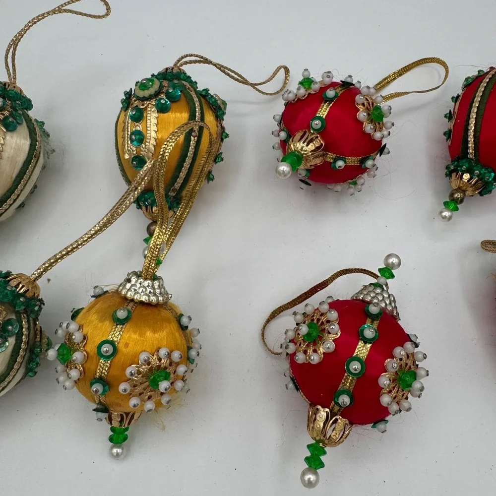Vintage Handmade Satin Push Pin Christmas Ornaments Set of 10 Beaded Sequin Mid